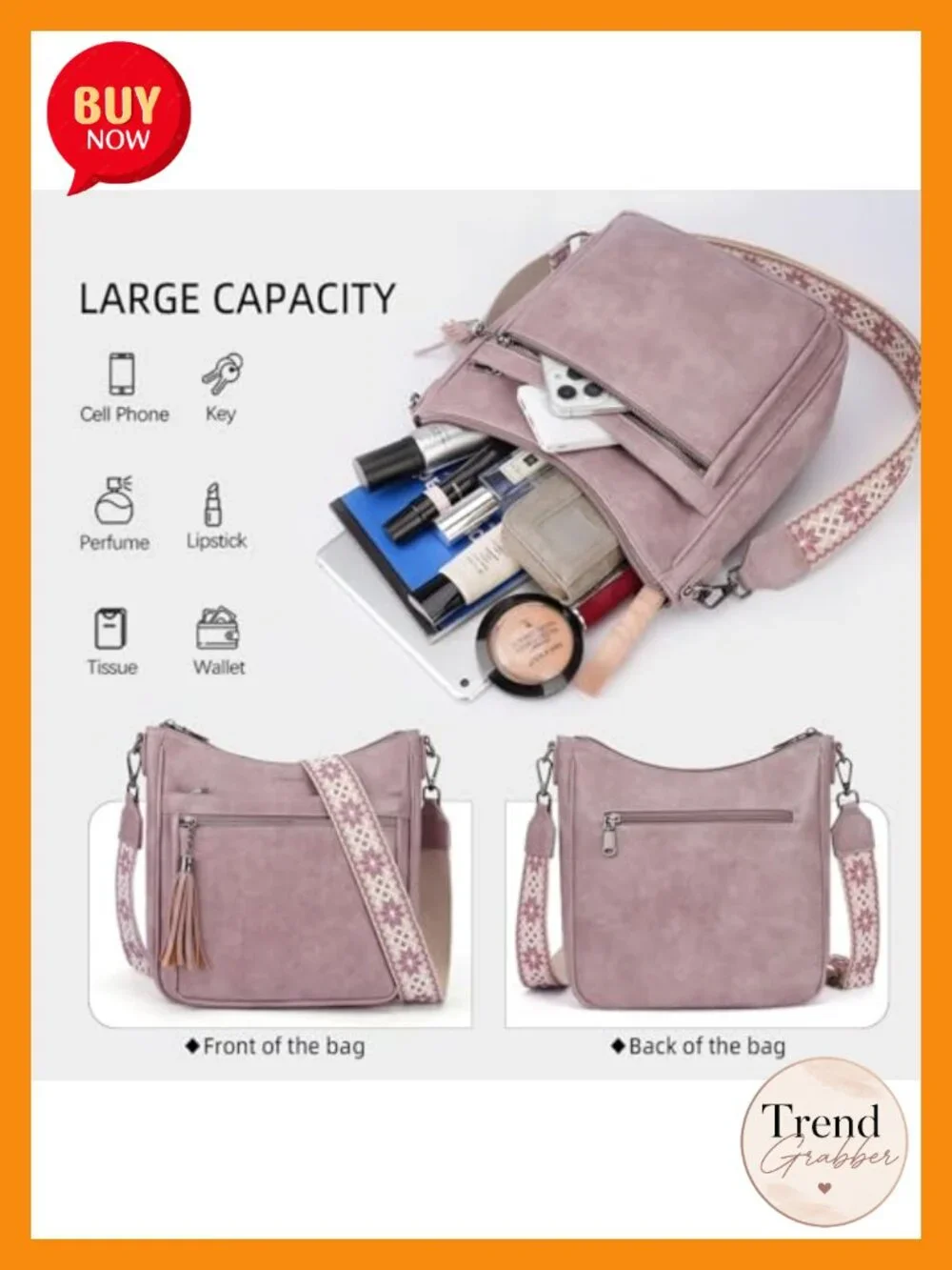 Vegan Leather Crossbody Bag with Tassel - Lightweight Hobo Handbag
